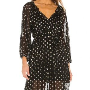 Cleobella Black Midi Dress. Sheer with a black slip. Gold dots.